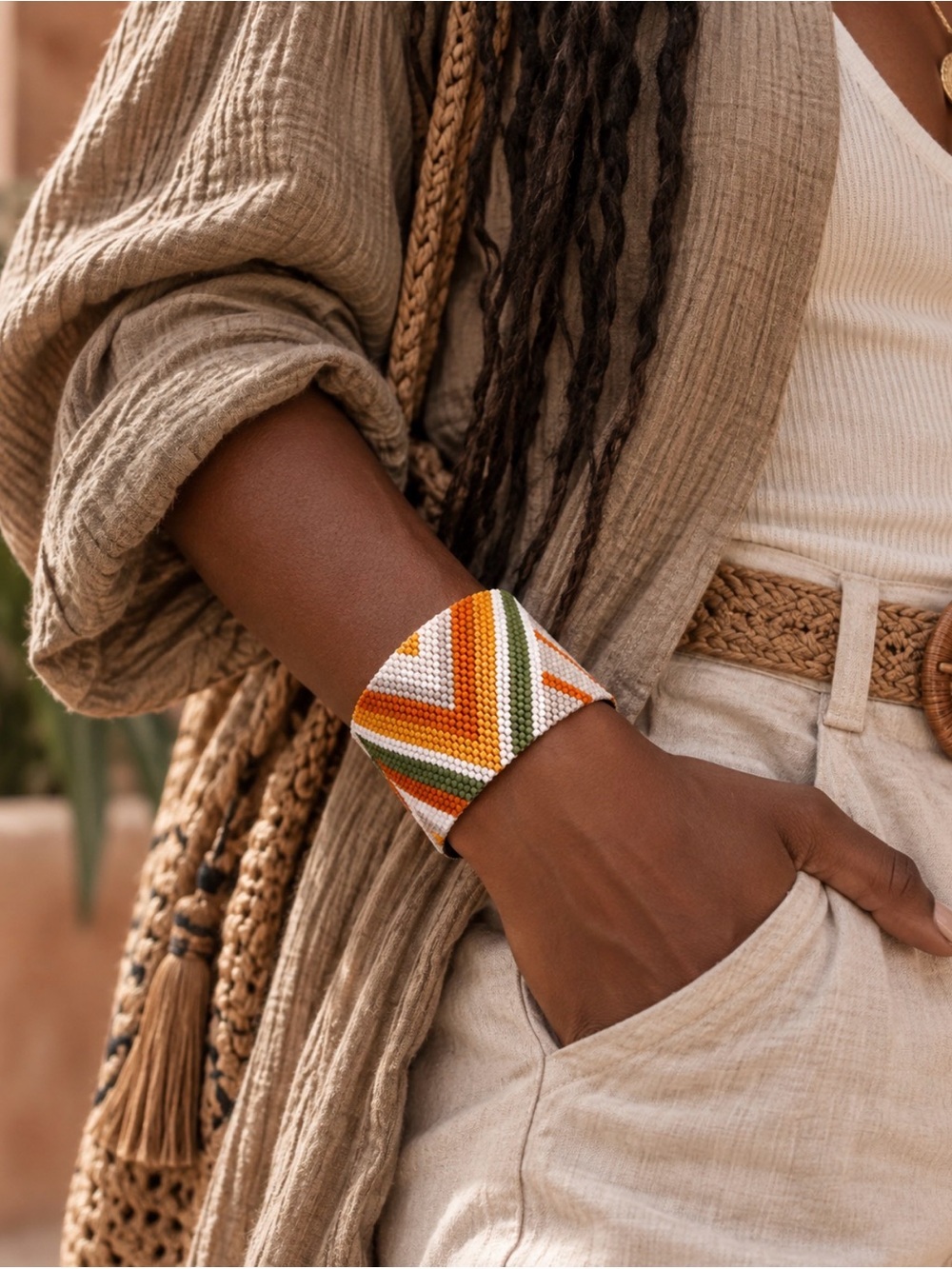 Handmade Miyuki Bead Wide Cuff Bracelet Geometric Boho Adjustable Water Resist